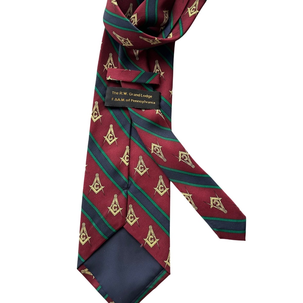 Grand Lodge Pennsylvania Masonic Silk Tie Mens Burgundy Striped Square Vintage - Picture 4 of 8